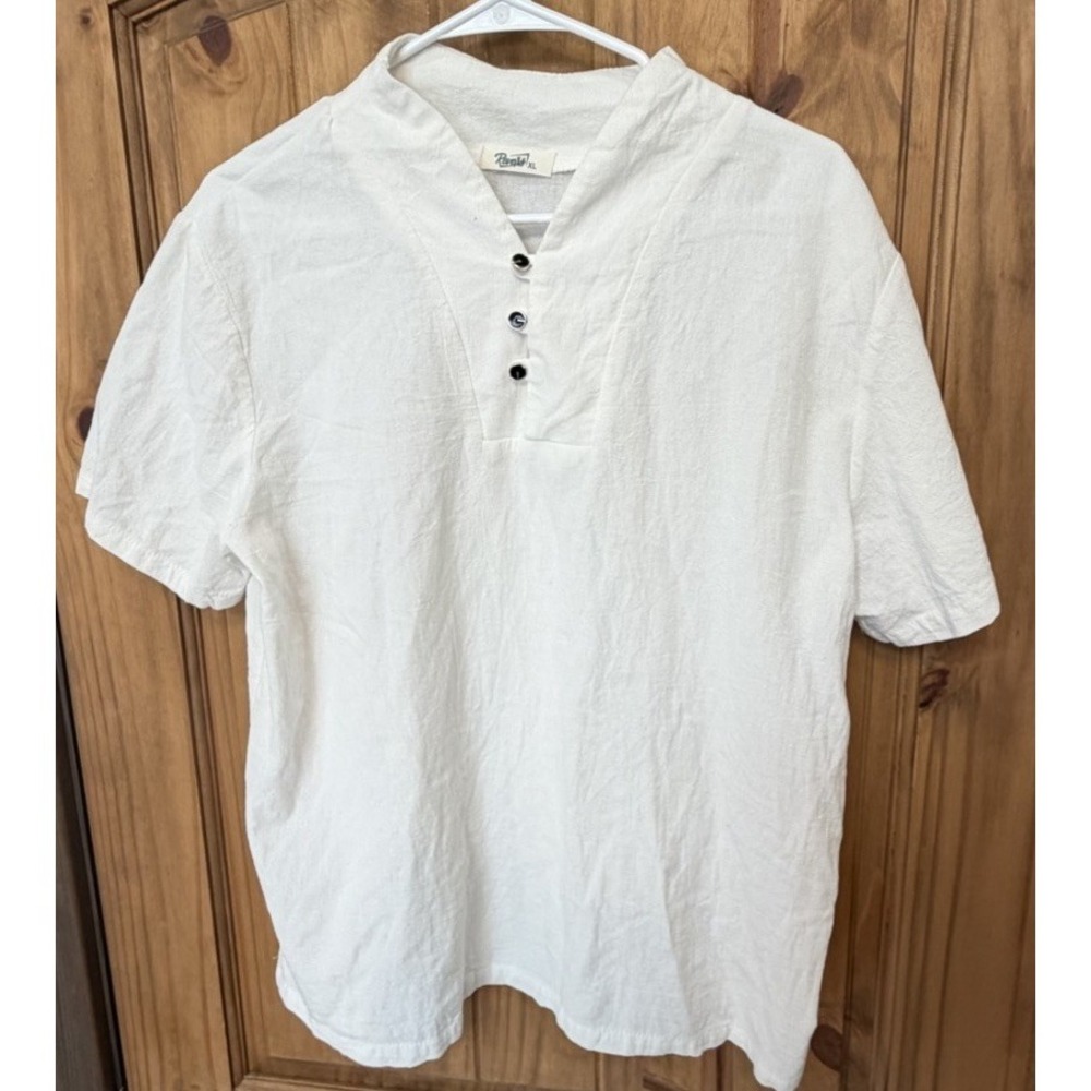 Reverb XL White Linen Blend Henley Top Short Sleeve Minimalist Casual Blouse